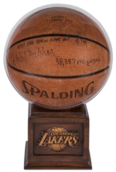 1989 Kareem Abdul-Jabbar Game Used, Signed & Inscribed Spalding Basketball Used For Last Points In Career-38,387 NBA Record (Abdul-Jabbar LOA)